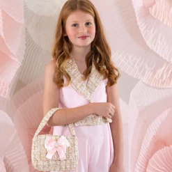 Girls Beige Tweed Bow Handbag (21cm)