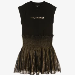 Girls Black & Gold Pleated Dress