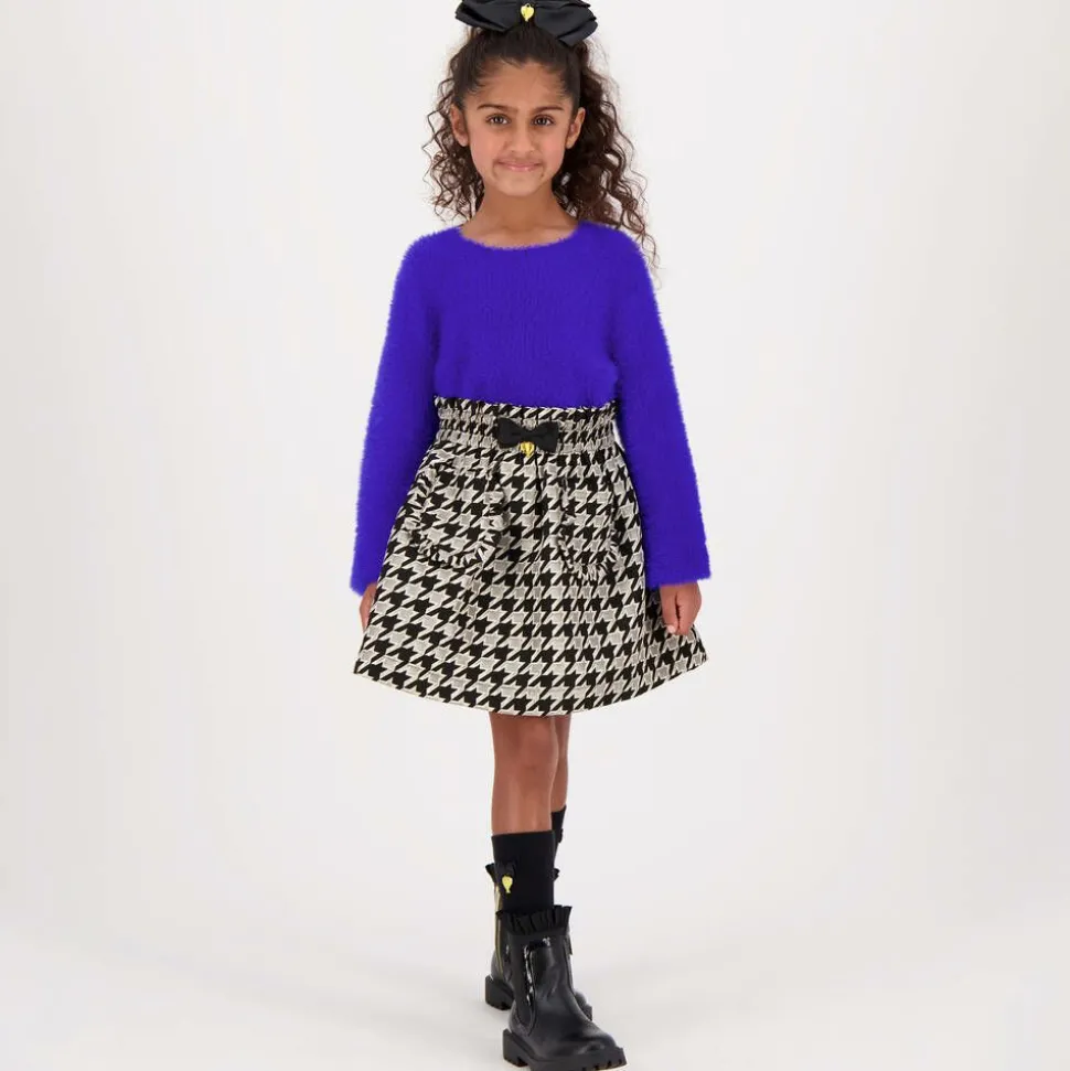 Girls Black & Ivory Houndstooth Cotton Skirt