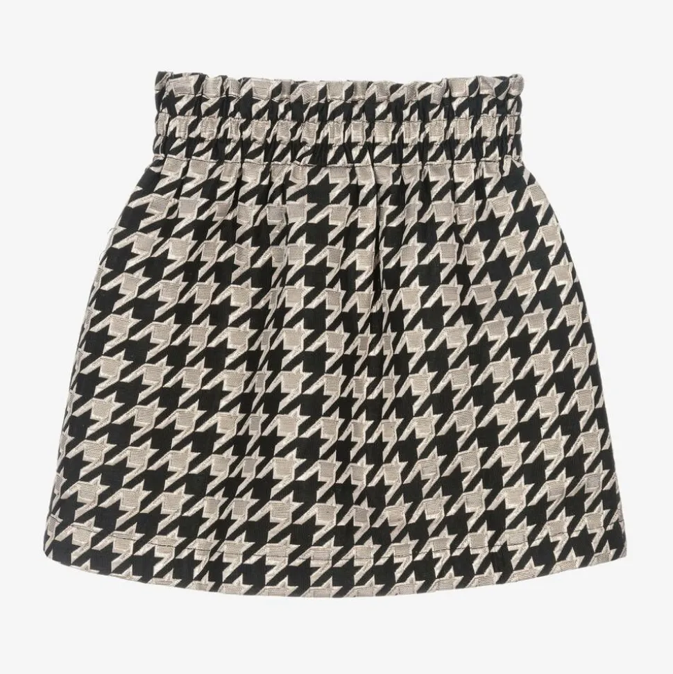Girls Black & Ivory Houndstooth Cotton Skirt