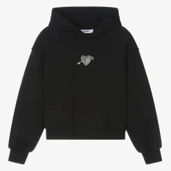 Girls Black Cotton Diamanté Heart Hoodie