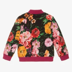 Girls Black Cotton Floral Zip-Up Top