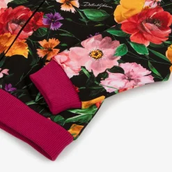 Girls Black Cotton Floral Zip-Up Top