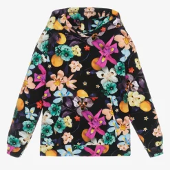 Girls Black Cotton Floral Hoodie