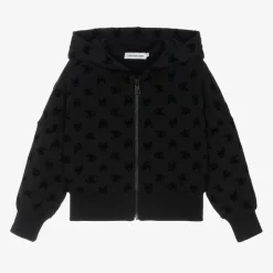 Girls Black Cotton Zip-Up Hoodie