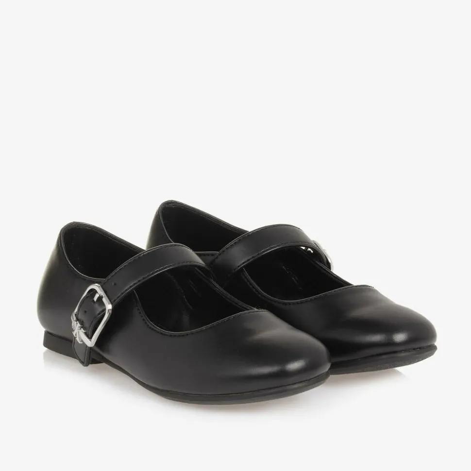 Girls Black Faux Leather Buckle Pumps