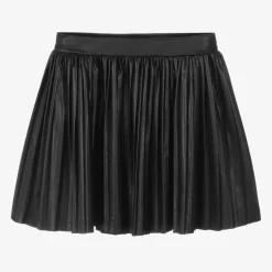 Girls Black Faux Leather Pleated Skirt