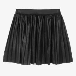 Girls Black Faux Leather Pleated Skirt