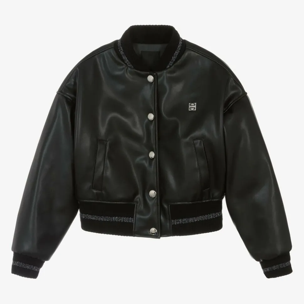 Girls Black Faux Leather Bomber Jacket