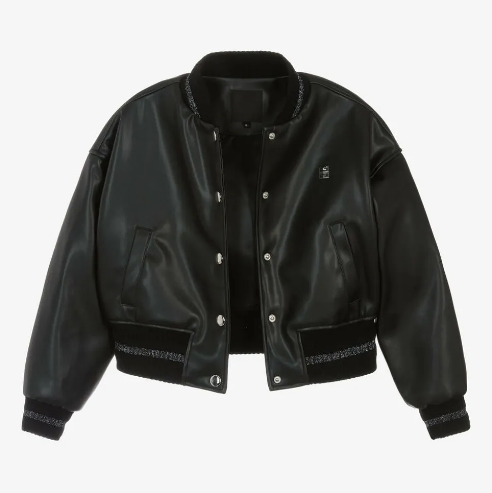 Girls Black Faux Leather Bomber Jacket