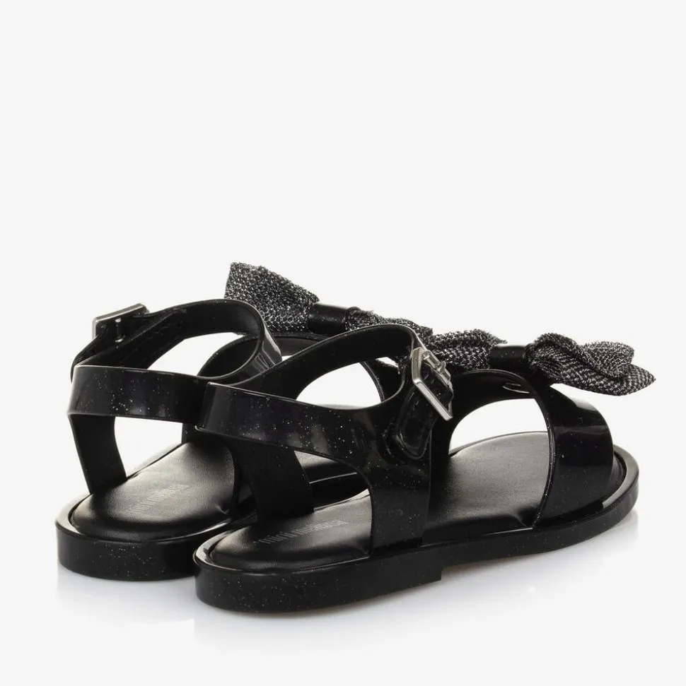 Girls Black Glitter Bow Jelly Sandals