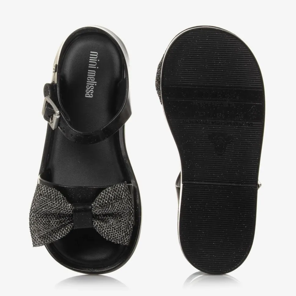 Girls Black Glitter Bow Jelly Sandals