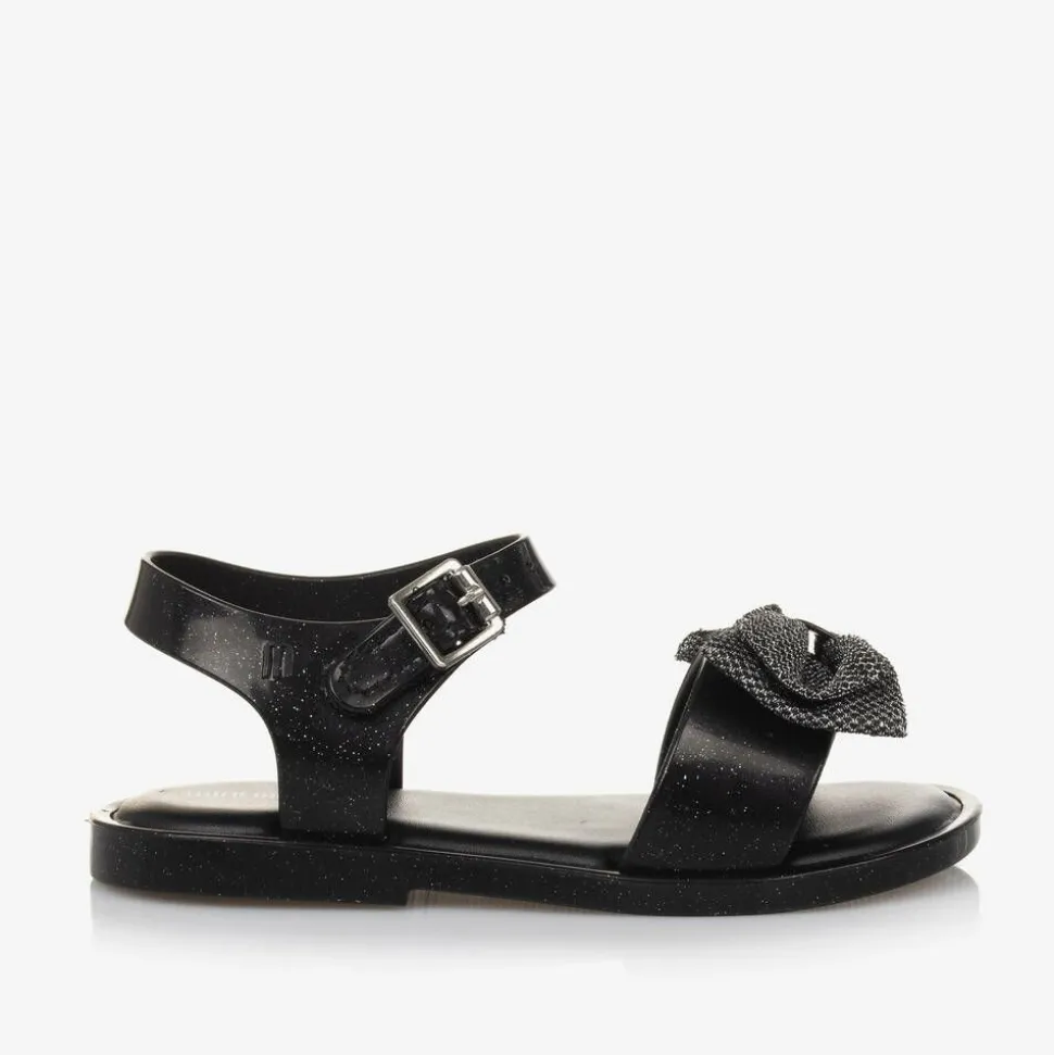 Girls Black Glitter Bow Jelly Sandals