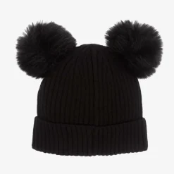 Girls Black Knit Pom-Pom Hat
