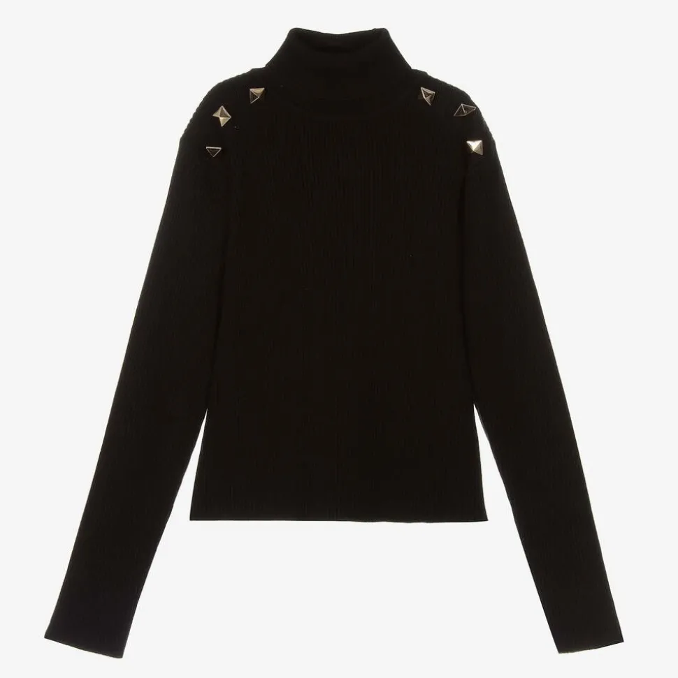 Girls Black Knitted Roll Neck Jumper