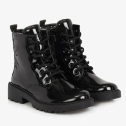 Girls Black Lace-Up Patent Boots