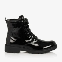 Girls Black Lace-Up Patent Boots