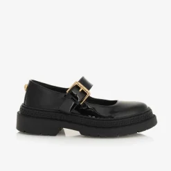 Girls Black Leather Greca Bar Shoes