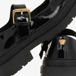 Girls Black Leather Greca Bar Shoes