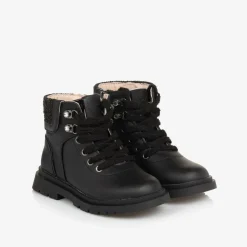 Girls Black Leather Lace-Up Boots
