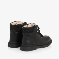 Girls Black Leather Lace-Up Boots
