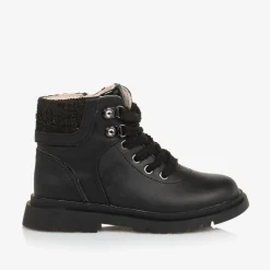 Girls Black Leather Lace-Up Boots