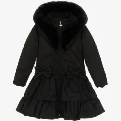 Girls Black Padded Ruffle Hooded Coat