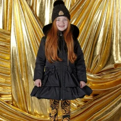 Girls Black Padded Ruffle Hooded Coat