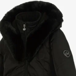 Girls Black Padded Ruffle Hooded Coat