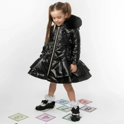 Girls Black Quilted Hooded Coat