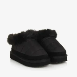 Girls Black Ripstop & Faux Fur Slip-On Boots