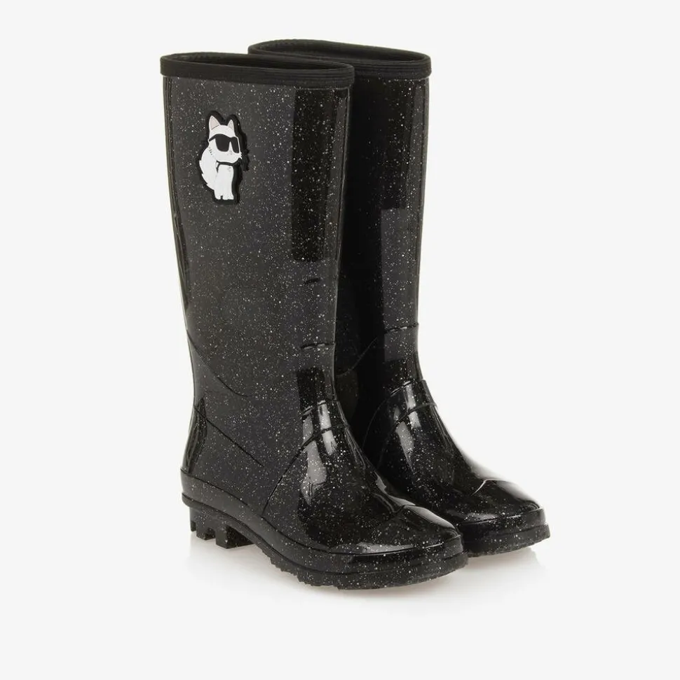 Girls Black Sparkly Rain Boots