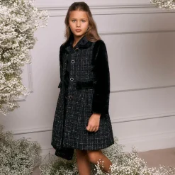 Girls Black Tweed & Faux Fur Coat