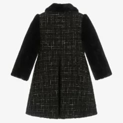 Girls Black Tweed & Faux Fur Coat