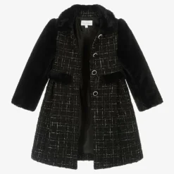 Girls Black Tweed & Faux Fur Coat
