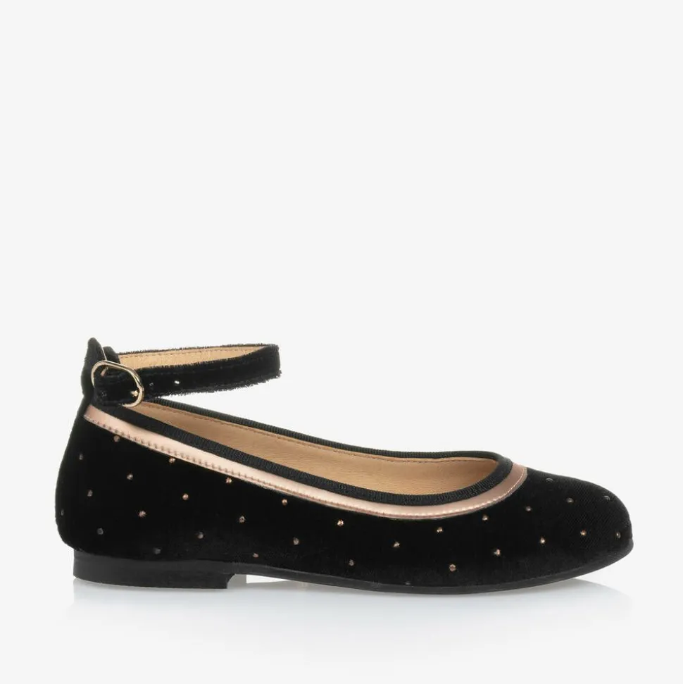 Girls Black Velvet Studded Shoes