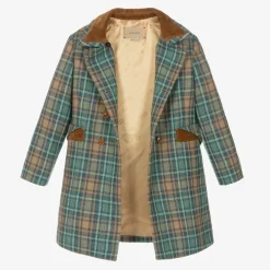 Girls Blue & Brown Wool Check Coat