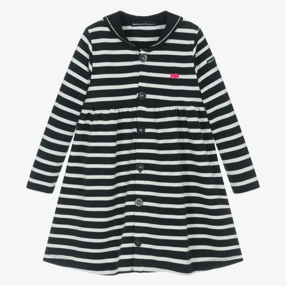 Girls Blue Breton Stripe Cotton Sailor Dress