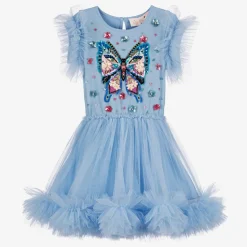 Girls Blue Butterfly Tulle Sequin Dress