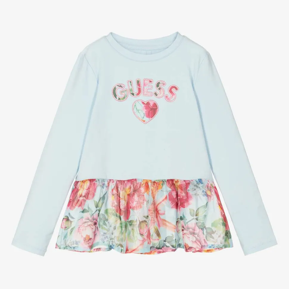 Girls Blue Cotton Floral Top