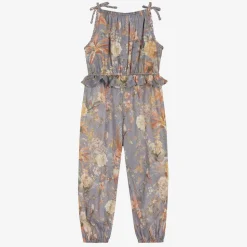 Girls Blue Cotton Floral Jumpsuit