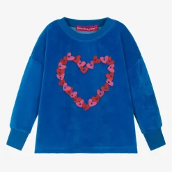 Girls Blue Cotton Velour Heart Top