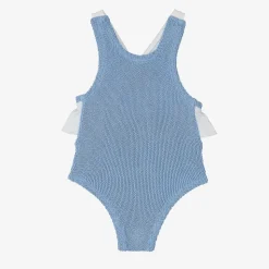 Girls Blue Crinkle Frill Swimsuit