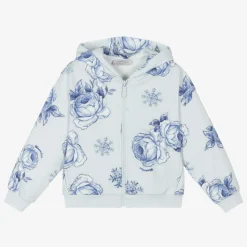 Girls Blue Floral Cotton Zip-Up Hoodie