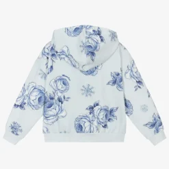 Girls Blue Floral Cotton Zip-Up Hoodie
