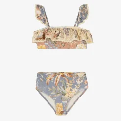 Girls Blue Floral Ruffle Bikini