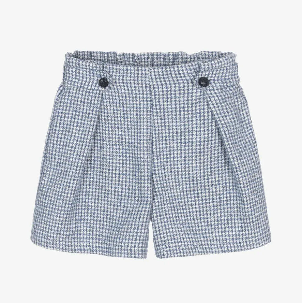 Girls Blue Houndstooth Cotton Shorts