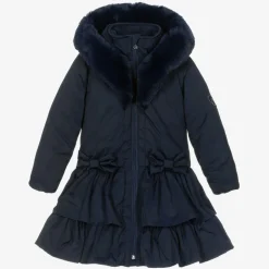 Girls Blue Padded Ruffle Hooded Coat