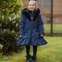 Girls Blue Padded Ruffle Hooded Coat