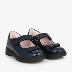 Girls Blue Patent Leather Bow Shoes